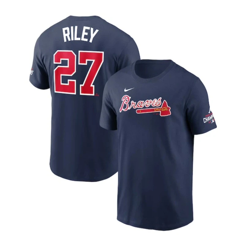 Nike Atlanta Braves #27 Riley Men’s Navy T-Shirt – WS Champion