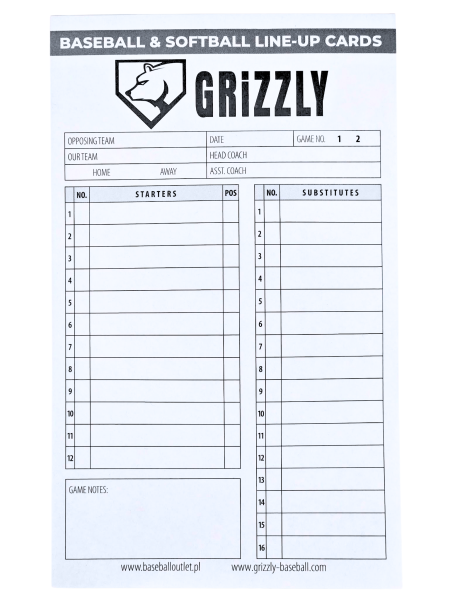 Grizzly Baseball/Softball Line-up Cards – 25 szt.