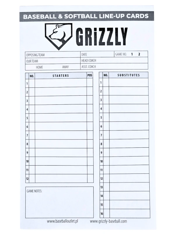 Grizzly Baseball/Softball Line-up Cards – 25 szt.