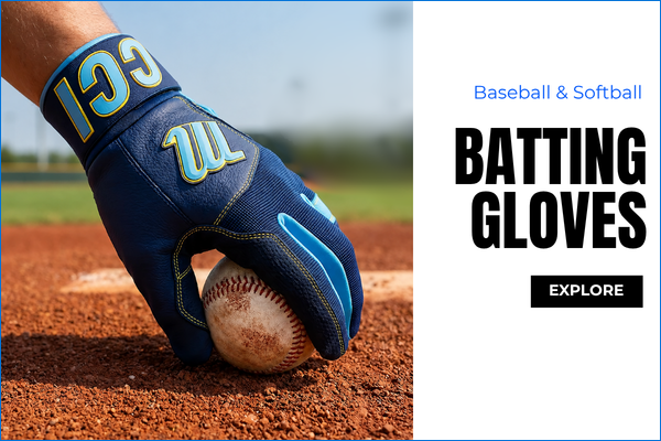 Baseball and softball batting gloves – blue Marucci batting glove holding a baseball on the field.