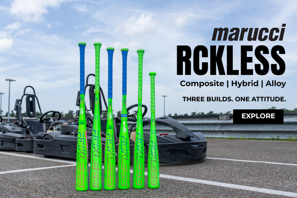 Marucci RCKLESS USA youth baseball bats – Composite, Hybrid and Alloy models displayed on a baseball field.