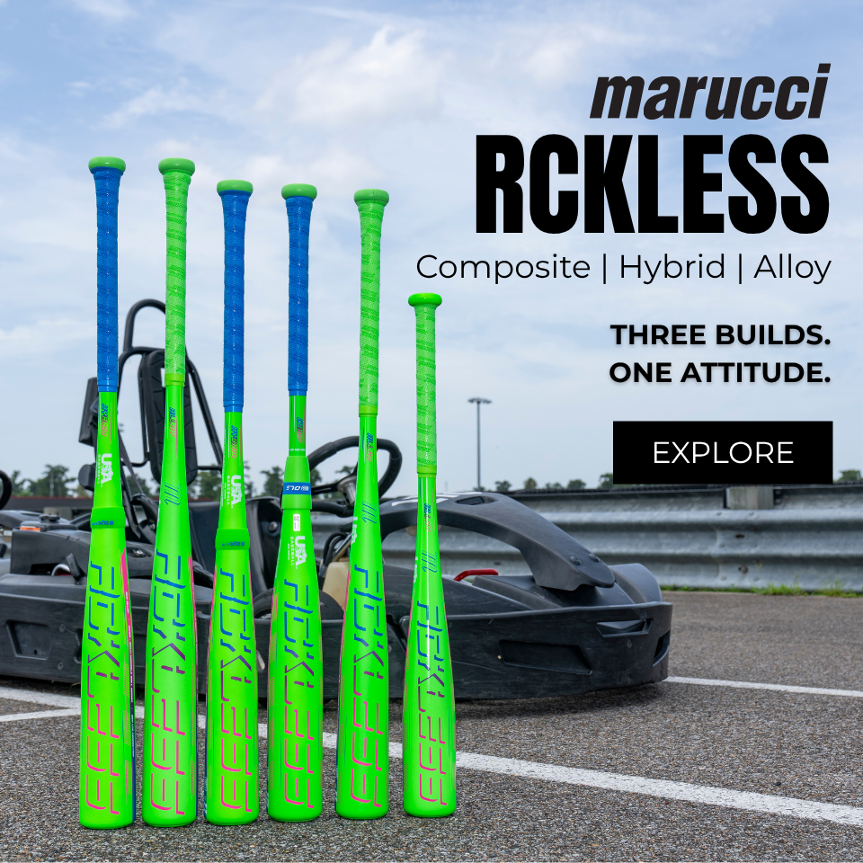 Marucci RCKLESS USA youth baseball bats – Composite, Hybrid and Alloy models displayed on a baseball field.