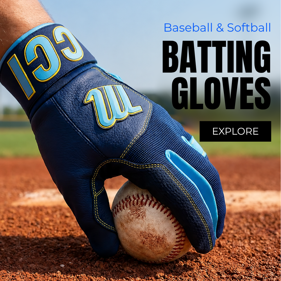 Baseball and softball batting gloves – blue Marucci batting glove holding a baseball on the field.